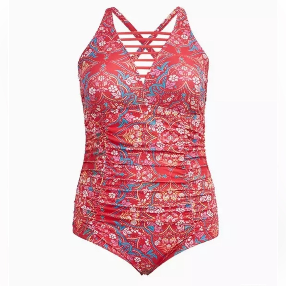 New! Torrid sz‎ 3 Pink Floral Medallion Wireless Ladder Lattice Swim Suit 3X